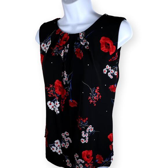 Calvin Klein Womens Black White Red Floral Printed Pleat Neck Cami M - Picture 1 of 6